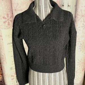Grey Cable Knit Collared Button Up Polo Winter Sweater